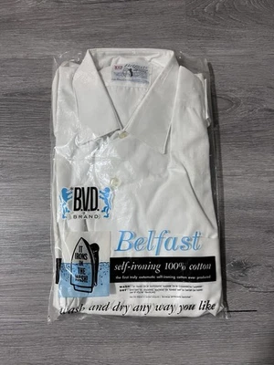 Винтажный 1960-е B.V.D. Белая рубашка Belfast средний запас оригинальная сумка глажка США - Изображение 1 из 3