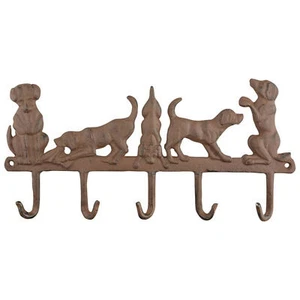 Cast Iron Dogs 5 Coat Hooks Indoor Outdoor Lead Key Hanger Wall Rack 14 x 6.5in - Picture 1 of 1