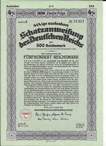 GERMANY,NAZY 500 REICHSMARKS 1936 PERFORATED,BOND ISSUE OF THE REICHSSCHULDENVER - Picture 1 of 1