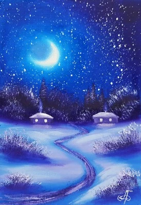 Мини картина зимние рождественские ночные каюты огни луна звезды деревья путь декор - Изображение 1 из 4