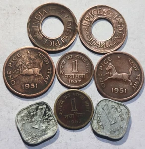 BRITISH INDIA ONE PICE HOLE COINS , REPUBLIC INDIA ONE PICE HORSE COINS- 8 COINS - Picture 1 of 3