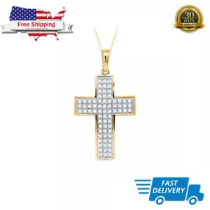 0.5Ct Real Diamond Three Row Religious Cross Pendant Chain 14K Yellow Gold Over - Picture 1 of 9