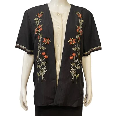 ALFRED DUNNER Black Shirt w/attached White Tank Size 16 Embroidered Floral - Image 1 of 4