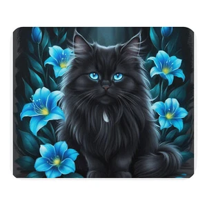 Floral Black Long Hair Cat Blue Eyes Mouse pad - Afbeelding 1 van 1