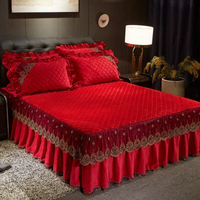 Solid Quilted Velvet Lace Bed Skirt Bedspread Twin King Soft Warm Fitted Sheets - Image 1 of 4