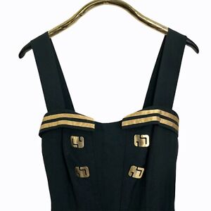 Vintage Joseph Ribkoff Jumpuit Size 12 Black Gold Sailor Look Sweetheart Neck