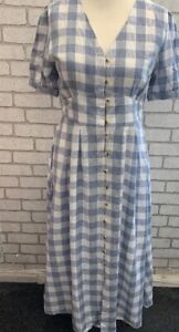 WAREHOUSE CHECKED BLUE &WHITE BUTTONED  MAXI DRESS SIZE 12- CG C94