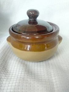 Old Vintage Stoneware Pottery Bean Pot Double Handled Three tone Brown (A6-SZ) - Picture 1 of 5