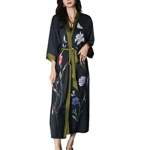 Women's Satin Kimono Robe Long Sleeve Lightweight Floral Luxury Silk Bathrobe 