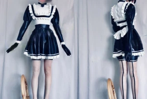 100% Latex Gummi Schwarz Maid Uniform Sexy Kleid Stocking Dress 0.4mm S-XXL - Picture 1 of 2