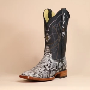 MEN'S COWBOY NATURAL PYTHON PRINT SQUARE TOE PULL ON BOOT - Handmade in Mexico - - Picture 1 of 4