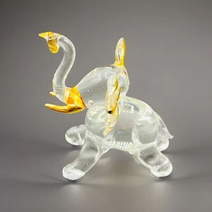 Clear Glass Elephant Mini Figurine With Gold Accents Figure Decoration Trunk Up - Picture 1 of 10