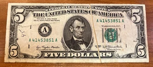 $5 1977 Federal reserve note cutter fold error - Picture 1 of 2