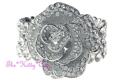 Brazalete Ancho de Plata Flor Rosa 3D Floral De Colección con Cristal Swarovski Foto 1 de 2