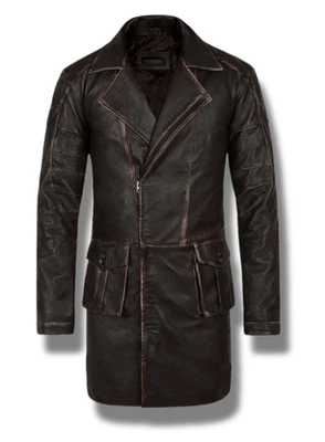 Men's Real Leather Full Length Long Trench Coat | Classic Vintage Black Overcoat - Image 1 of 4