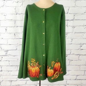 Quacker Factory Cardigan Womens XL Fall Pumpkin Embroidered Beaded Snap Knit - Picture 1 of 10