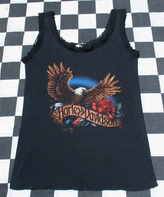 VTG 80s Harley Davidson 3D Emblem Lace trimmed Tank Top XS/S - Image 1 of 4