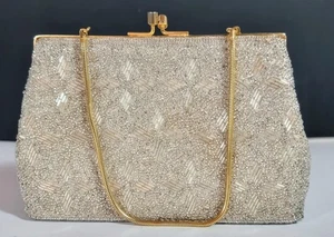 Vintage Mid Century Beaded Purse Clutch Handbag Gold White Evening Bag - Bild 1 von 5