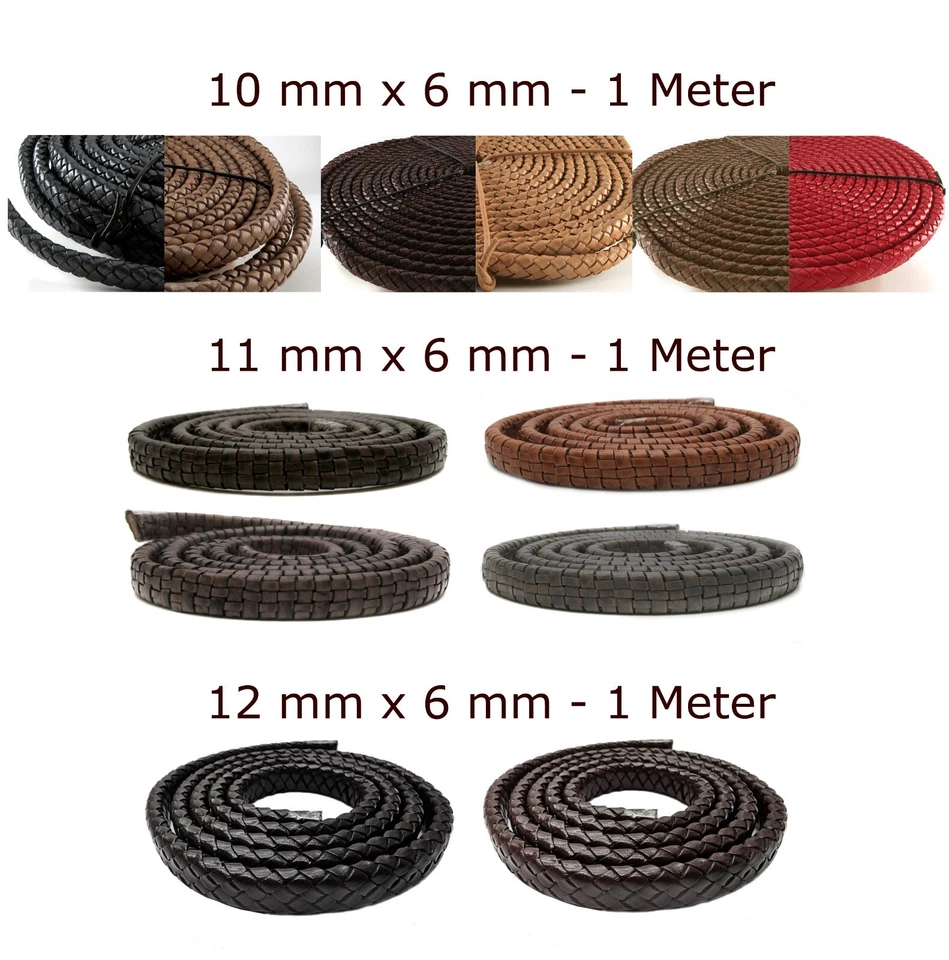 ESNADO Lederschnur geflochten OVAL 10x6 mm, 11x6 mm, 12x6 mm - Bolaband, 1 Meter