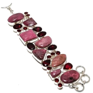 Brazalete de plata de ley 925 de rodonita natural, piedras preciosas granate 7-8" U995 - Imagen 1 de 6