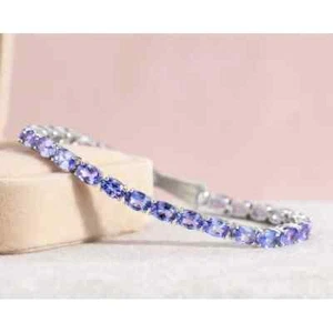 Pulsera de tenis de tanzanita de corte ovalado para mujer, piedras preciosas, plata, para aniversario de esposa - Imagen 1 de 4