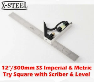 12"/300mm SS Steel Imperial & Metric Combination Try Square w Scriber & Level - Picture 1 of 3