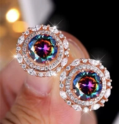 9ct Rose Gold GF  Mystic Opal Fire Rainbow Crystal Stud Earrings FREE BOX (455) - Image 1 of 4