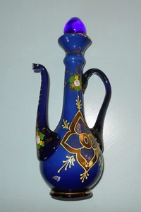 Vtg Bohemian Czech Cobalt Blue Glass Hand Painted Gilded Floral Design Decanter - Picture 1 of 9