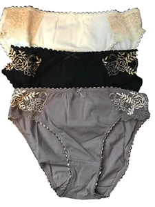 Slip donna confezione da 3 slip nero panna tortora cotone 6 - 8 mutandine pantaloni bordo pizzo - Foto 1 di 6