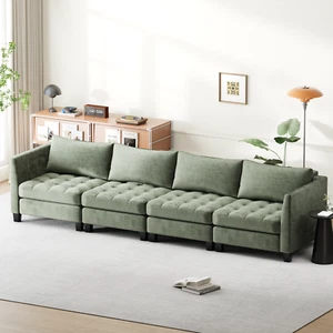 7 Seater Sofa Chenille Modular Lounge Couch with Large Cushion Green - Picture 1 of 9