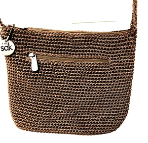 VTG The Sak Crochet Messenger Bag Bamboo Logo Zipper Pulls Medallion Unused - Picture 1 of 6