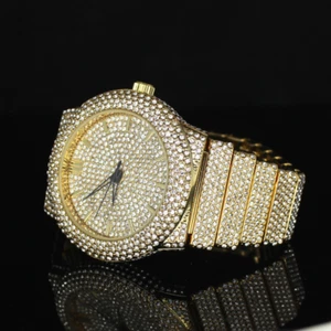 Reloj de lujo de cuarzo con correa de metal chapado en oro circonita cúbica bisel helado redondo de 47 mm para hombre - Imagen 1 de 10