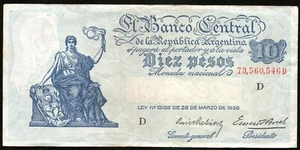 ARGENTINA NOTE 1941 10 PESOS L. 12155 Series D P#253 B#1883 - VF - Picture 1 of 2