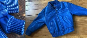 VTG 80s BRIGHT ROYAL BLUE GENUINE LEATHER JACKET SOFT KIDS ZIP UP SIZE EUC CLEAN - Picture 1 of 9