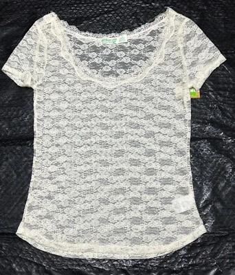 Juniors Ivory Sheer Rounded Neck Lace Top: M-L - Image 1 of 2