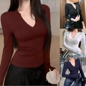 Women Casual Long Sleeve V Neck T Shirt Pullover Slim Yoga Streetwear Top - Picture 1 of 14