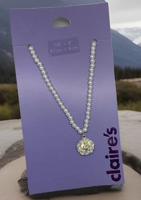 Claire's Faux Pearl Necklace with Silver Rose Pendant- 16"+3" Adjustable Length - Image 1 of 2