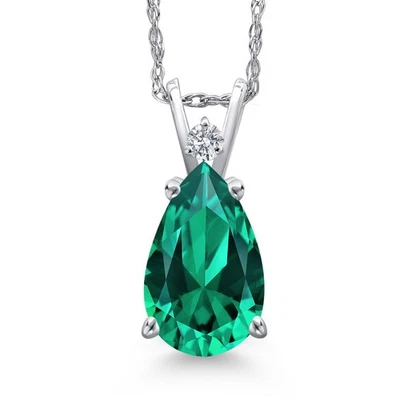 14K White Gold Nano Emerald and Lab Grown Diamond Pendant Necklace for Women | - Image 1 of 4