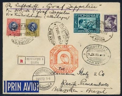 ROMANIA to GERMANY to BRAZIL 1932 ZEPPELIN, Transmitted 9th SAF Flight Cover - Image 1 of 3