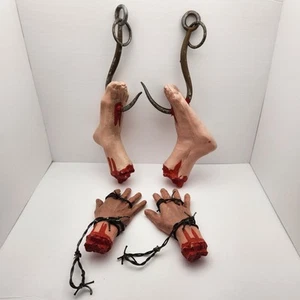 Halloween Props - Bloody Severed Barbed Wire Hands & Meat Hook through the Feet - Picture 1 of 23
