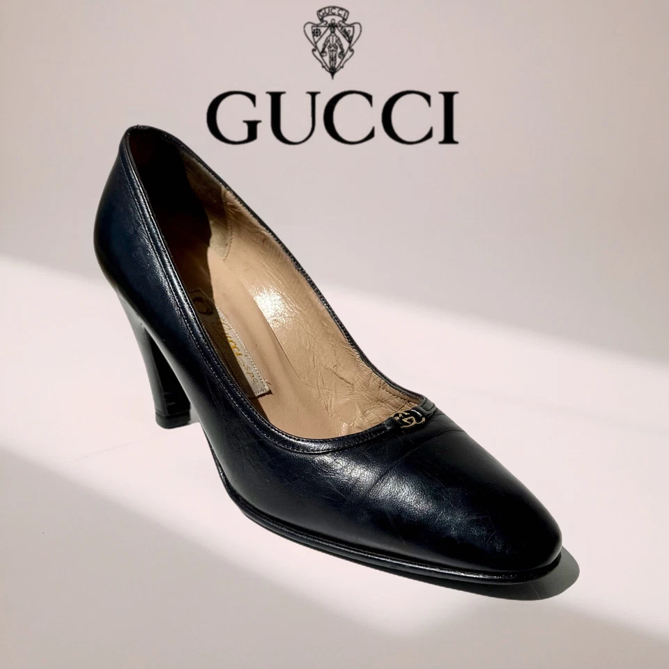 🚨Extremadamente Raro Gucci Vintage AW 1985 Cuero Negro Dorado Logo Tacones Talla 34.5 B Foto 1 de 4