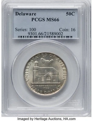 1936 50C PCGS MS 65 Delaware Commemorative Silver Half Dollar GEM BU WHITE - Image 1 of 2