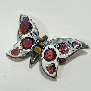 Vintage Handcrafted Copper Enamel Butterfly Pin White Pink 1.75" - Picture 1 of 10