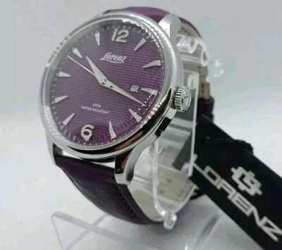 OROLOGIO UOMO LORENZ CLASSICO COLORE PORPORA,DATA,CINTURINO PELE EFFETTO VINTAGE - Immagine 1 di 4