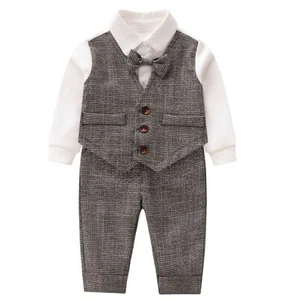 Boys Kids Baby Wedding Birthday Party Romper Bodysuit Outfits Suits Bowtie Set - Picture 1 of 12