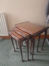 Nest Of Tables - Set Of 3, Carved legs, Solid Wood With leather and glass tops.