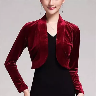 Cropped Bolero Velvet Cardigan Shrug Jacket Open Front Formal Party Wedding Slim - Image 1 of 4