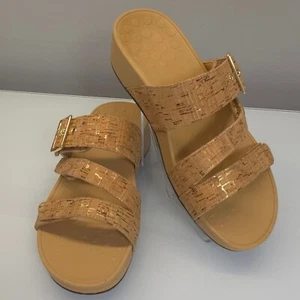 Vionic Slide Sandals Size 9 Pacific Rio Cork Gold Strappy Comfort Platform Wedge - Picture 1 of 9