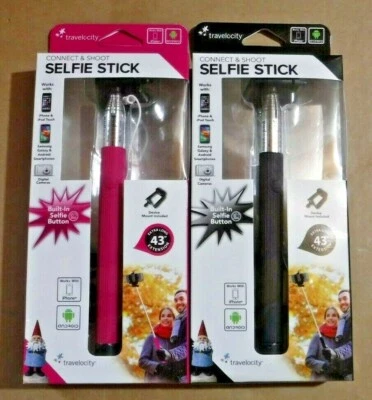 Pair of Travelocity Selfie Sticks, Pink & Black, Expands to 43"  - Image 1 of 4