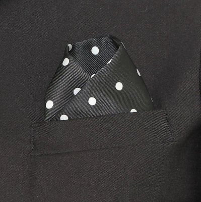 Men's Pocket Square Silver White Polka Dot Dress Suit Handkerchief Black Hanky  - Image 1 of 2